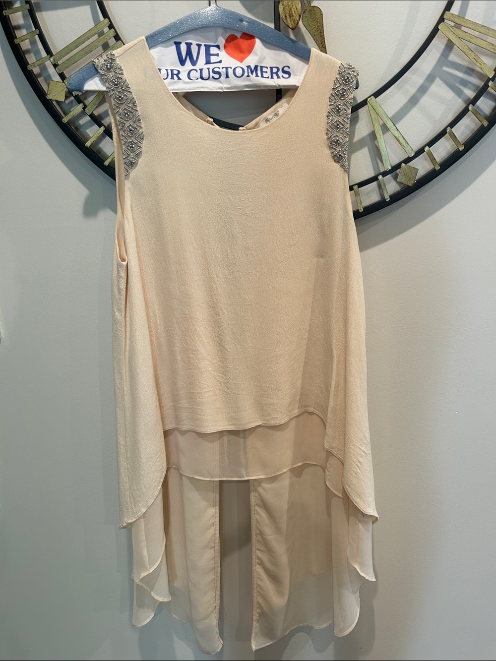 Miss Me Cream Layered Chiffon High-Low Tank with Beaded Shoulders - Picture 1 of 3